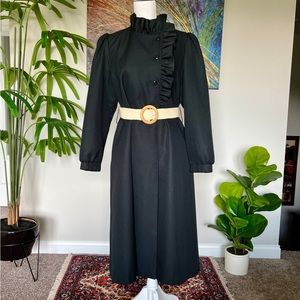 SOLD- Vintage Black Bonders Jacket / Trench Coat with Ruffled Collar | L/XL